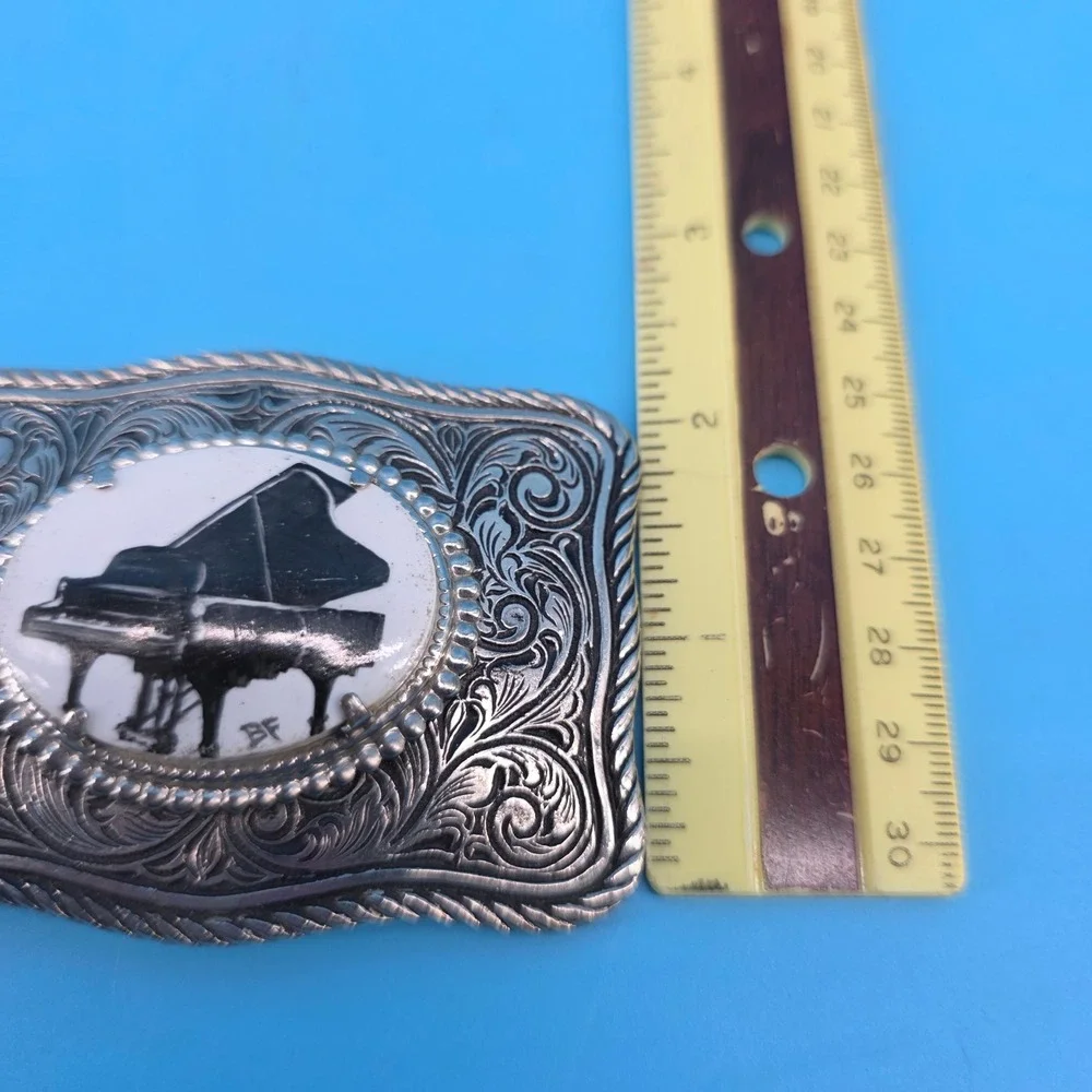 Vintage Western Belt Buckle Silver‎ Tone Ornate Scroll Grand Piano